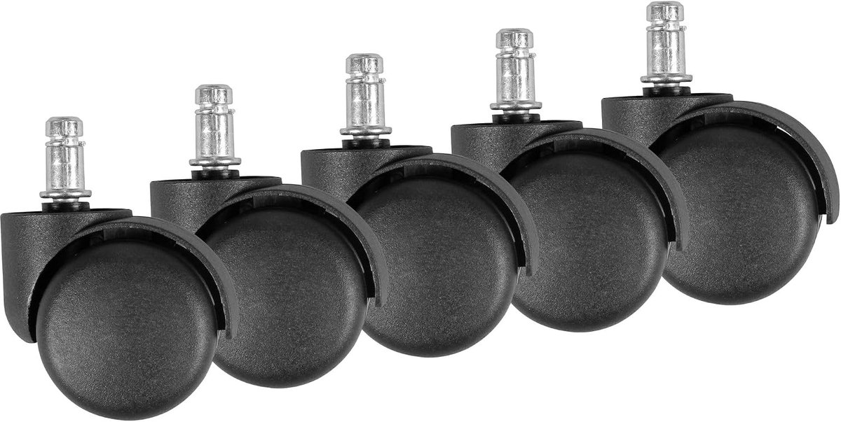 Set van 5 geremde zachte onderrollen voor bureaustoelen 11 mm pin/Diameter 50 mm | Premium rollen tapijt in het zwart | Rotary stoel wielen voor zachte vloeren