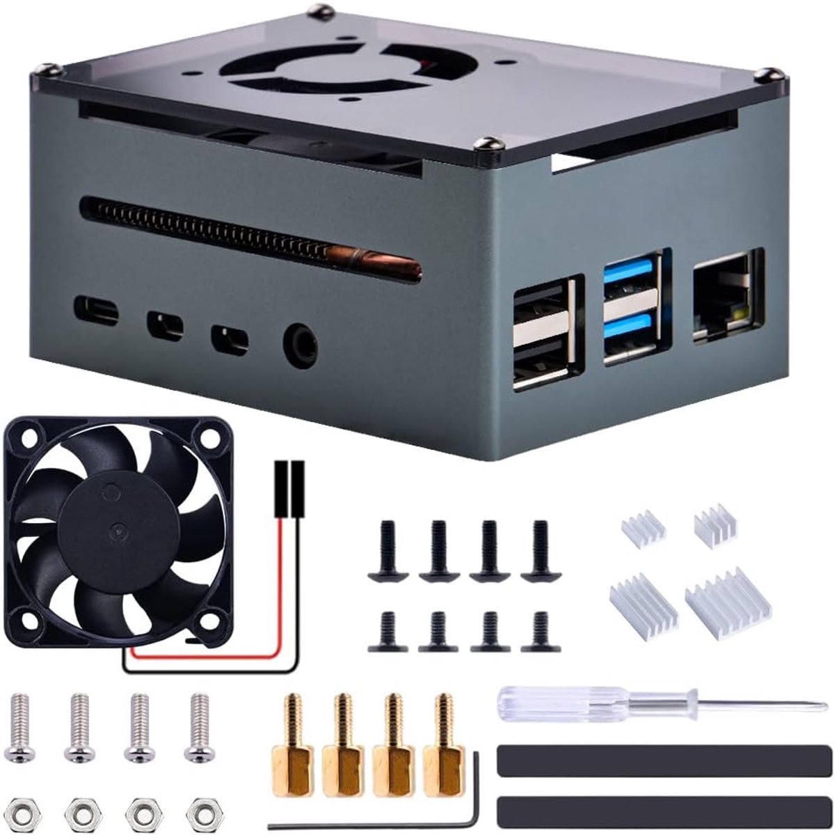 Aluminium Behuizing met 40mm Ventilator en 4 Koellichamen voor Raspberry Pi 4, POE HAT Case 8/4/2GB Officiële POE+ Hoed