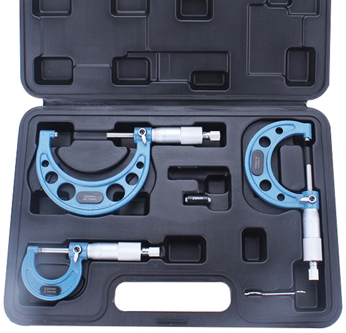 Set van 3 micrometers voor buitengebruik, nauwkeurigheid ± 0.01mm, meetbereik 0-75mm, inclusief opbergdoos, ideaal voor buitendiametermetingen