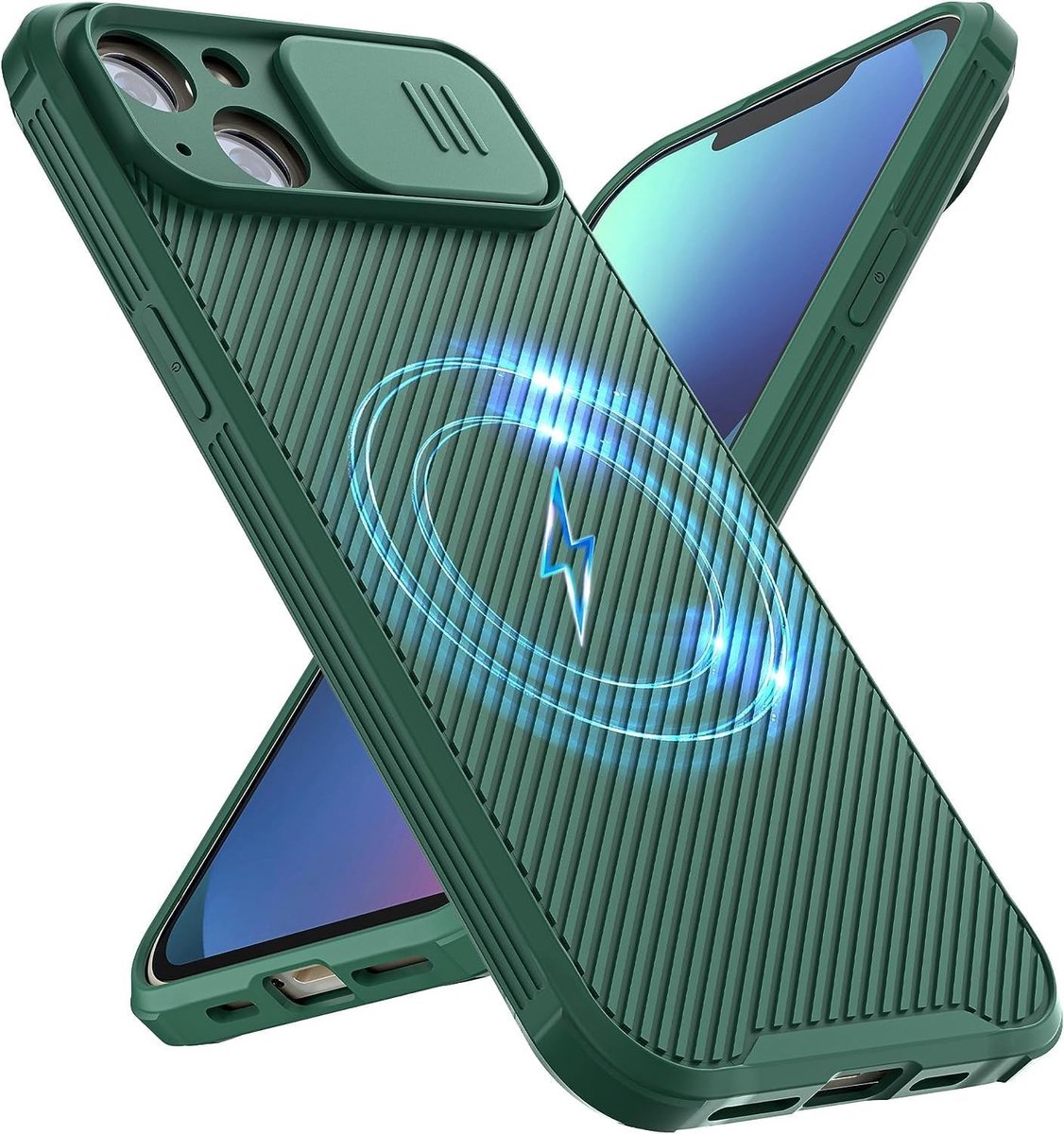 Duurzame Beschermcase voor iPhone 15 met Camera Bescherming en Schuifdeksel - Donkergroen, Anti-Schok en Krassen Bestendig