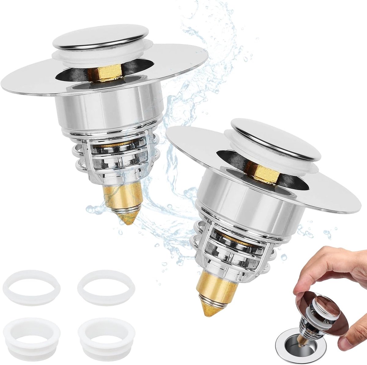 Set van 2 pop-up wastafelstoppers, universeel, 32-40 mm, waterdichte stop met krachtige messing bounce core voor onmiddellijke sluiting, optimale doorstroming en anti-verstopping, roestvrij