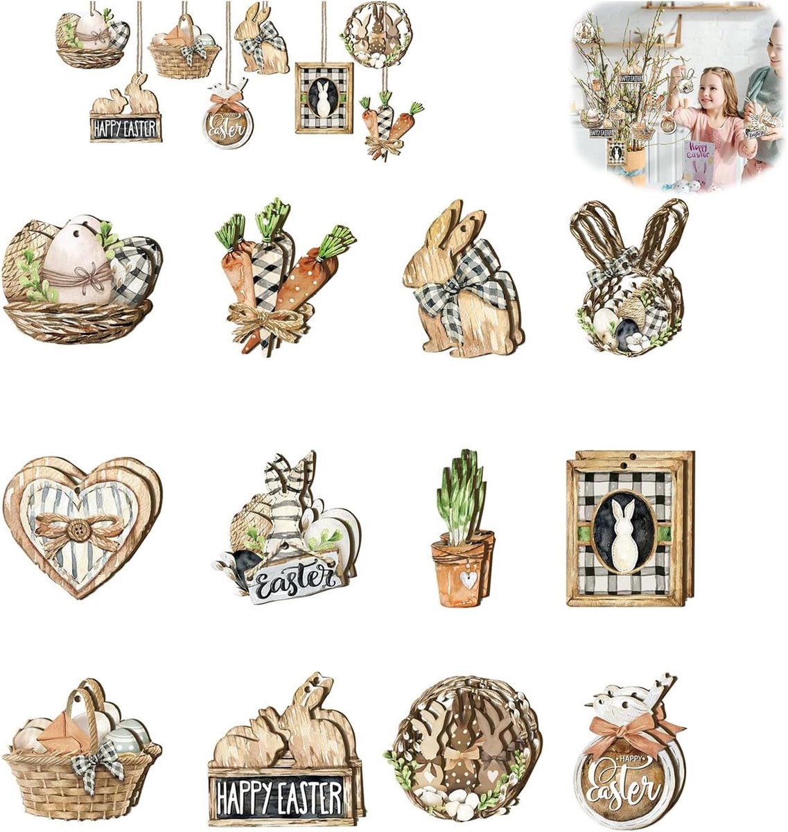 24 kleurrijke paaseierdecoraties, om te knutselen, paashazen, paaseieren, vlinders, bloemen, paassieraden, lenteversiering om op te hangen