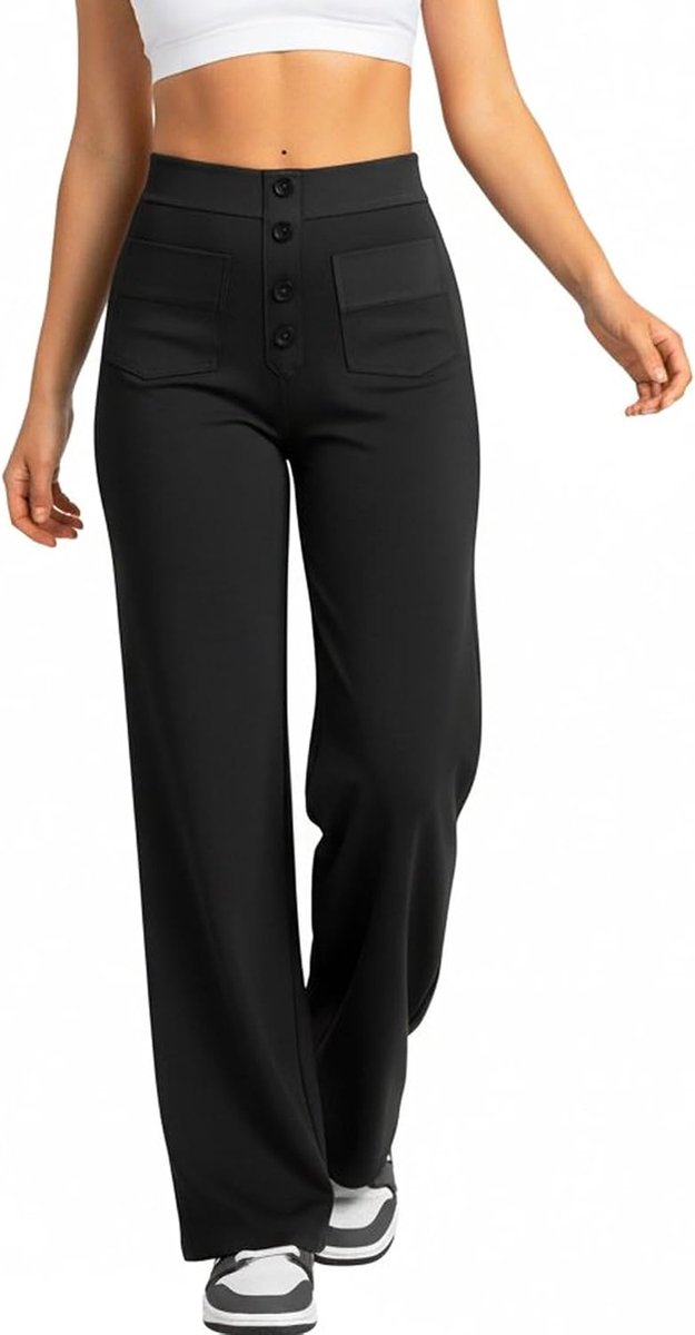 Damesbroek met hoge taille, werkbroek, kantoor, casual, wijde pijpen, elegant, met zakken