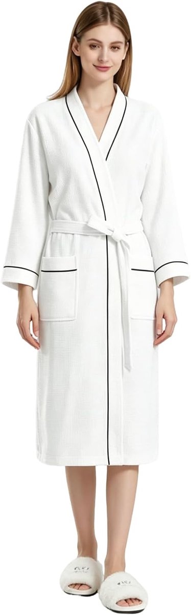 Badjas, katoen, dames en heren, wafelpiqué, ochtendjas, licht, behaaglijk, kimono, huisjas, lang, voor spa, huis en hotel