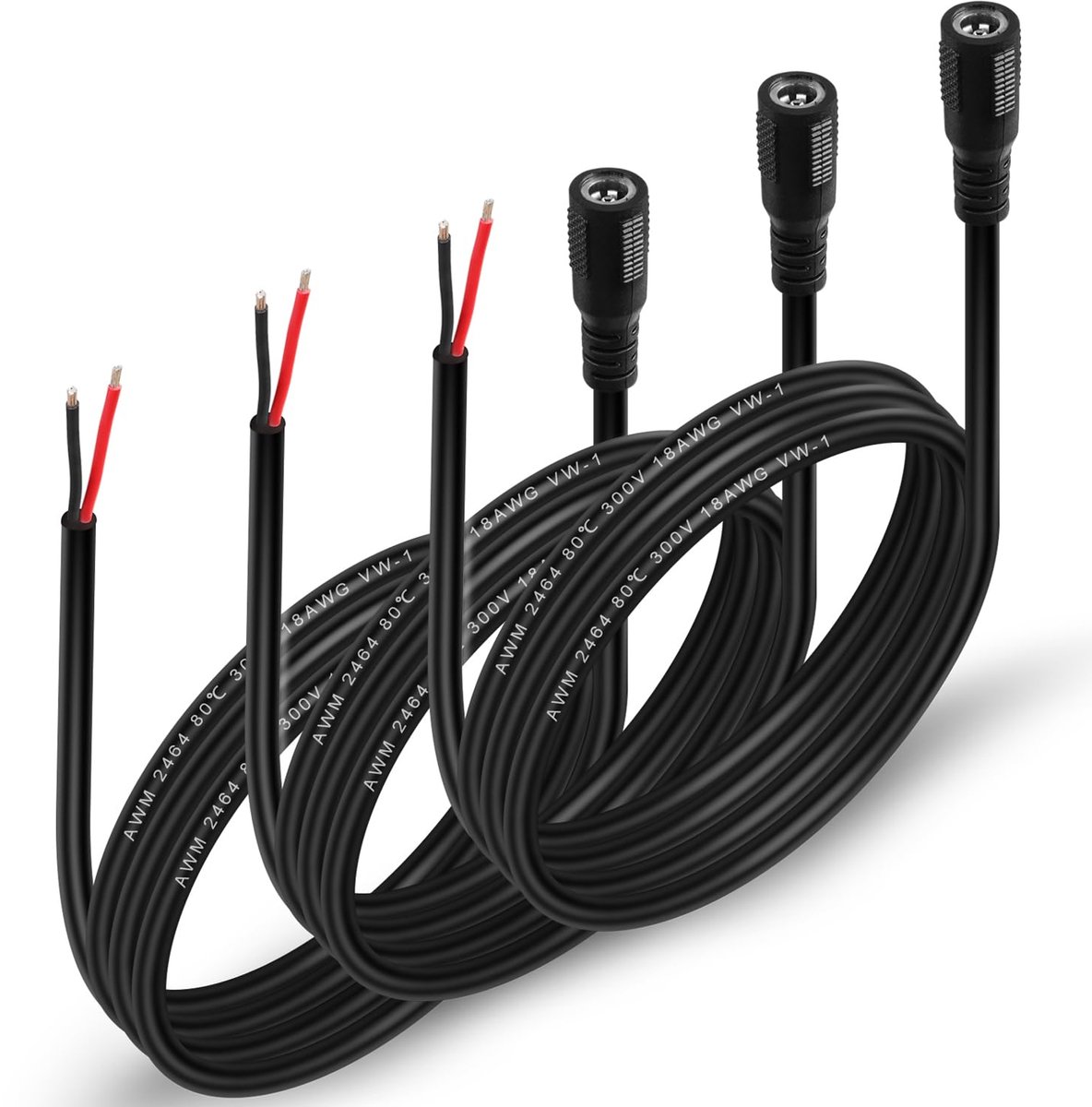 3 stuks 18AWG DC stroomkabel, gevlochten 3,3 FT DC5521 mannelijke cilinderstekker, voeding, reparatiekabel, stekker op open kabel voor camera (vrouwelijk)