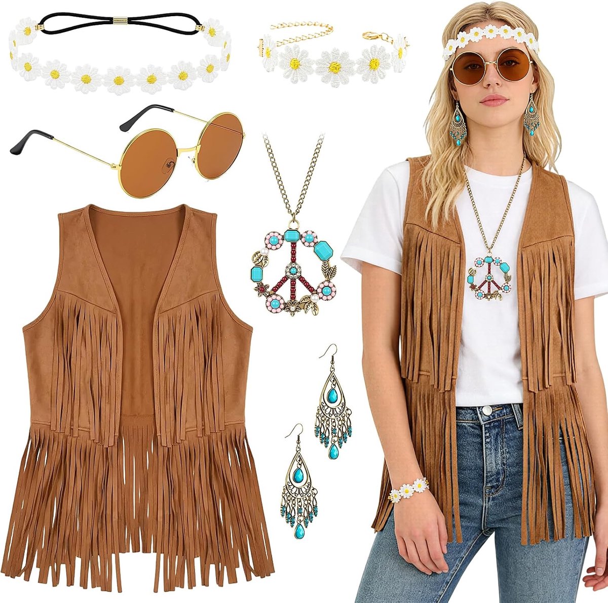 Hippiekostuum voor dames, jaren '70-outfit met franjes, vest, peace-ketting, madeliefje hoofdband, ronde bril, oorbellen, carnavalskostuums