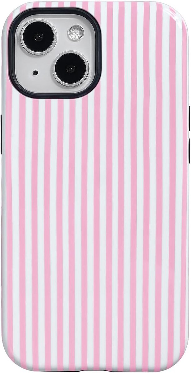 Compatibel met iPhone 13/14 hoesje, schattige kleur gestreept esthetisch ontwerp telefoonhoesjes zachte TPU harde PC schokbestendige beschermhoes voor meisjes vrouwen - roze