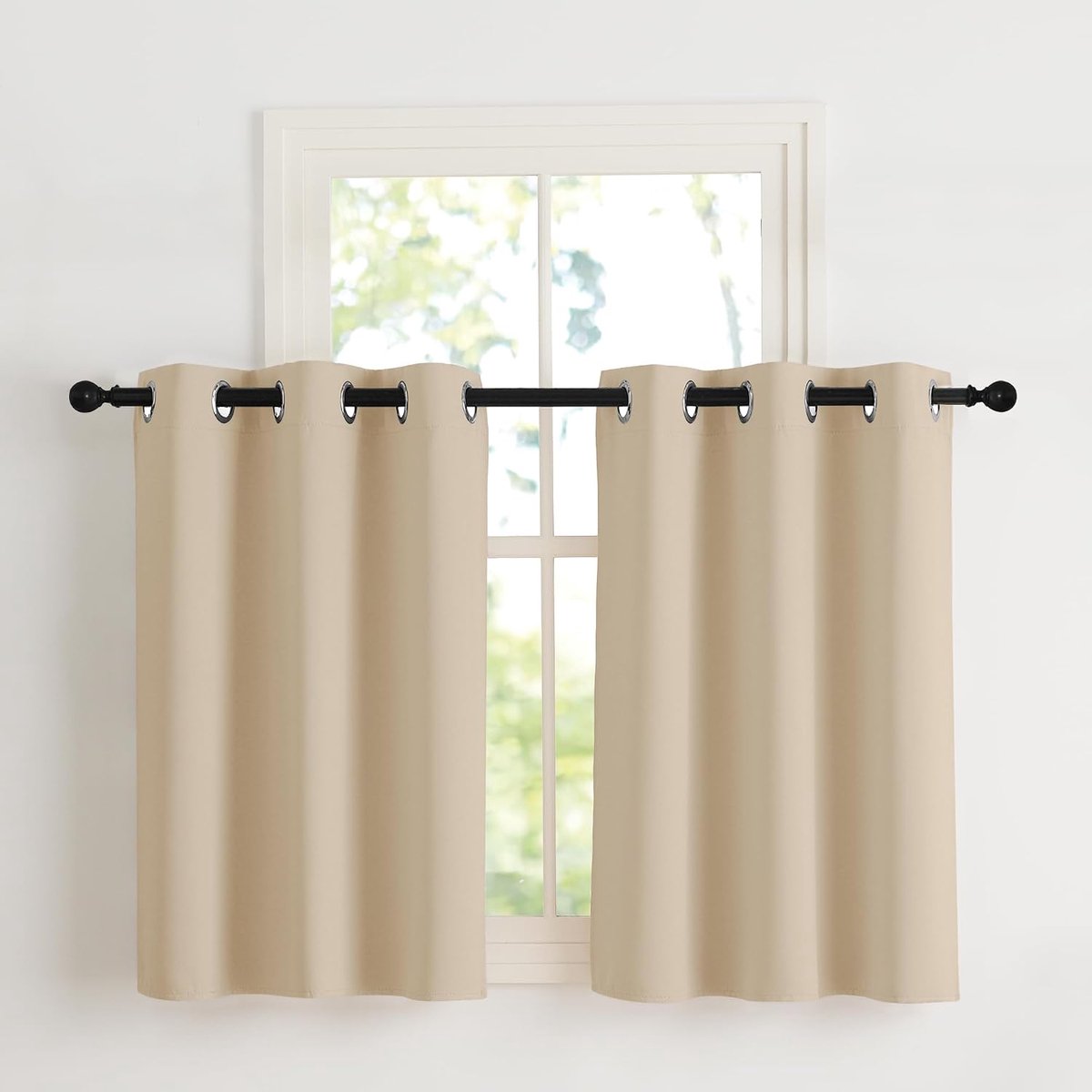Vitrage, keukengordijn, kort, raamgordijnen, ondoorzichtig, kort, thermische raamgordijnen, set van 2, Biscotti beige, 90 x 107 cm (b x h), beige