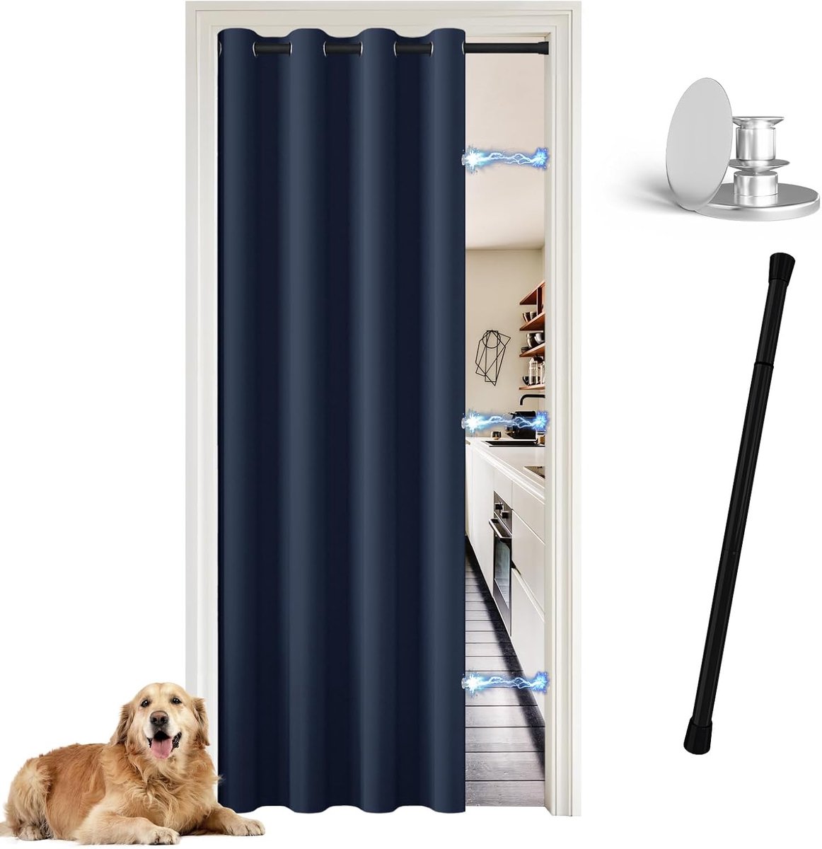 Binnendeurgordijn met stang, deurgordijn met magneetknop, warmte-isolerend, tegen kou en hitte, marineblauw