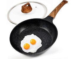 Diig Antiaanbakpan 28 cm, braadpan, platte pan met deksel, aluminium gietijzeren pan, antraciet marmer, zwart marmer, geschikt voor inductie en alle warmtebronnen