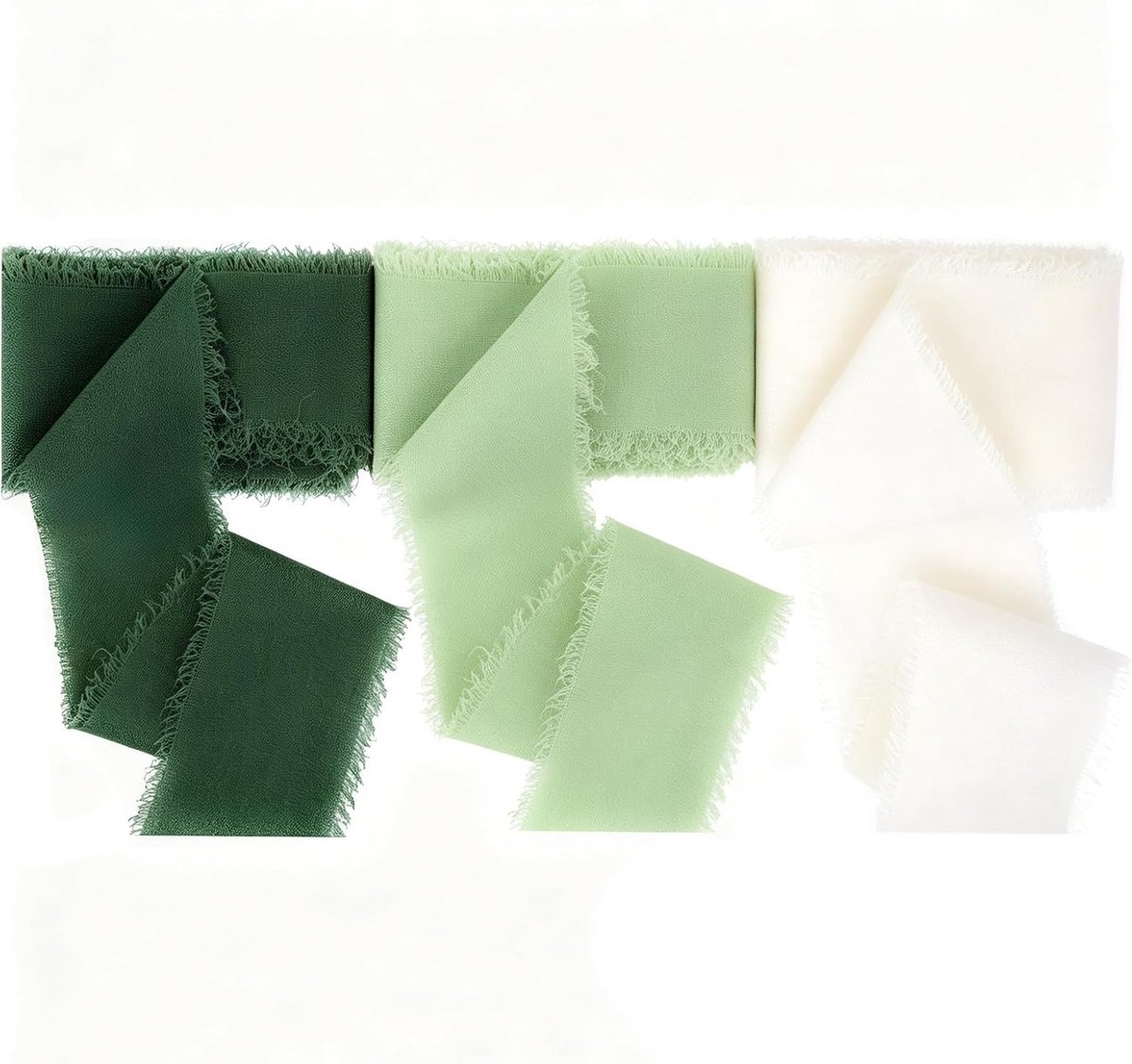 Chiffon lint, 3,8 cm x 19,5 m, franjes, brede linten voor bruiloftsuitnodigingen, bruidsboeketten, geschenkverpakkingen (donkergroen, saliegroen, ivoor)