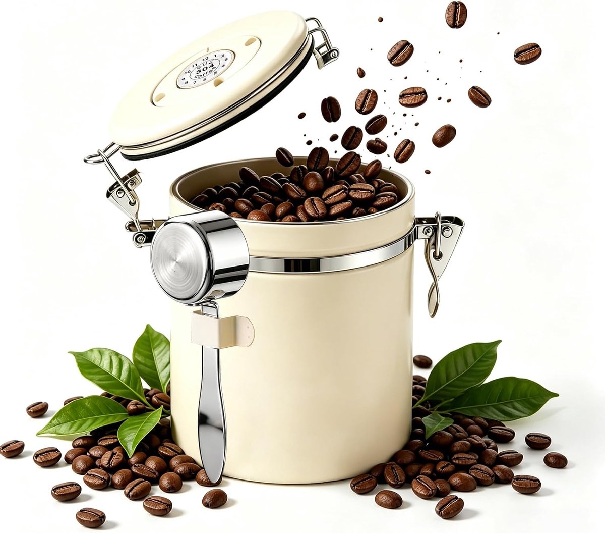 Koffieblik van 304 roestvrij staal met ontluchtingsventiel, 1,2 l, voorraaddoos met lepel, crèmewit, voor koffiebonen en koffiepoeder