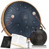 Complete Yunava steel tongue drum set: donkerblauwe drum met gevlochten rand, twee drumstokken, lesboek, beschermtas, handleiding en stickers.