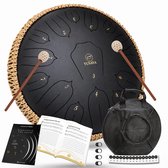 Yunava handpan set met drumstokken, lesboek, beschermtas en accessoires.