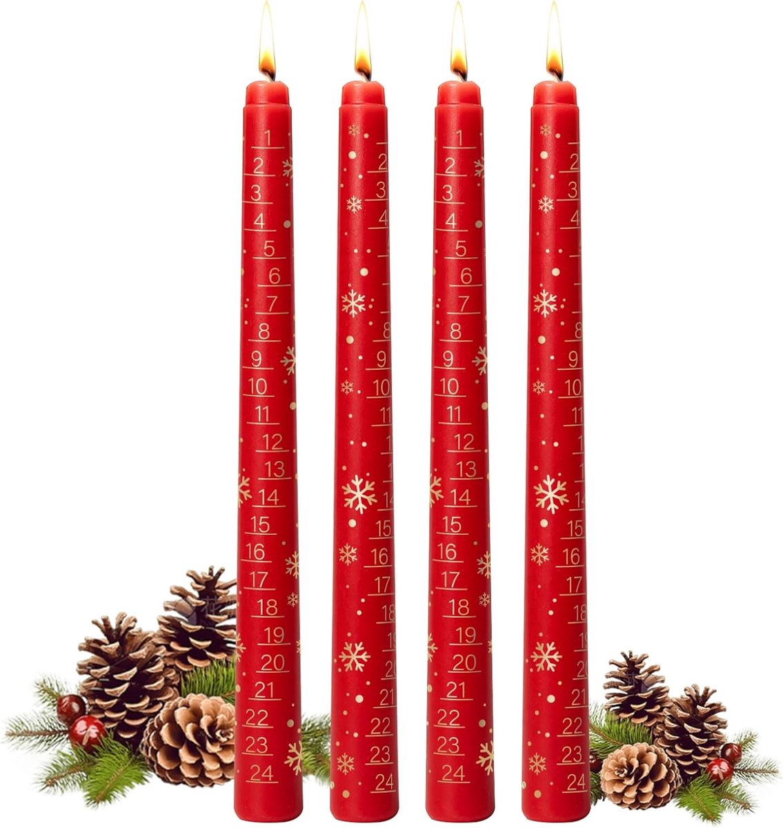 Kerstkaarsen set van 4 - Rood - Sneeuwvlok ontwerp - Handgemaakt voor adventstijd - ShopVlot