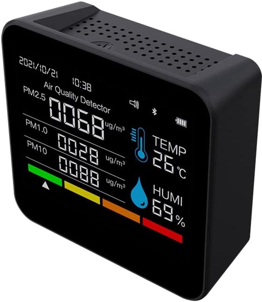 Luchtkwaliteitsmonitor, CO2-meter, kooldioxidedetector, tijd/datum, CO2, TVOC, HCHO, PM2.5, PM1.0, PM10, temperatuur-vochtigheidsdetectie, ondersteuning, app-besturing met alarmfunctie voor