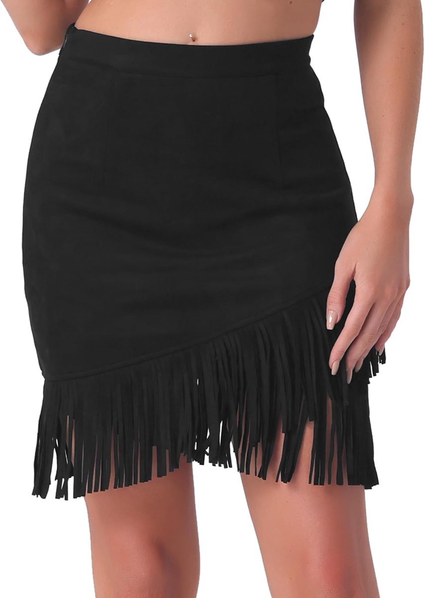 K Damesrok van kunstleer met elastische franjes, casual vintage rok met hoge taille