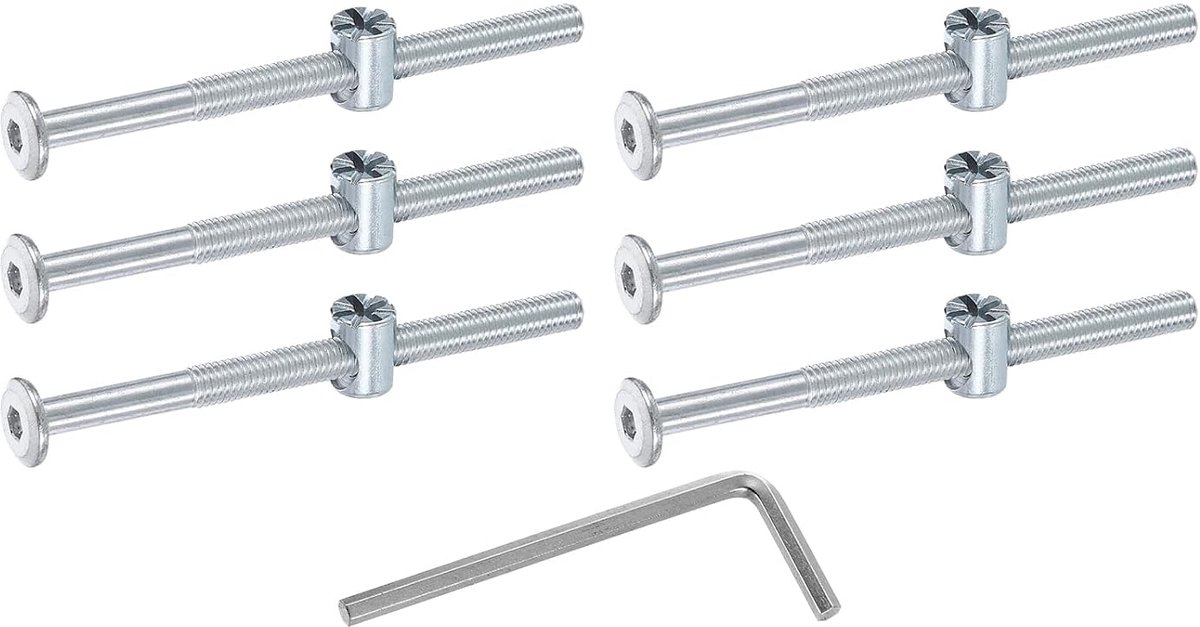 6 stuks bedframeschroeven, M6 x 85 mm binnenzeskantschroeven, fittingsmoeren, stapelbed, schroeven, meubelschroeven met rijstkop, fittingsmoer en moersleutel, zilver
