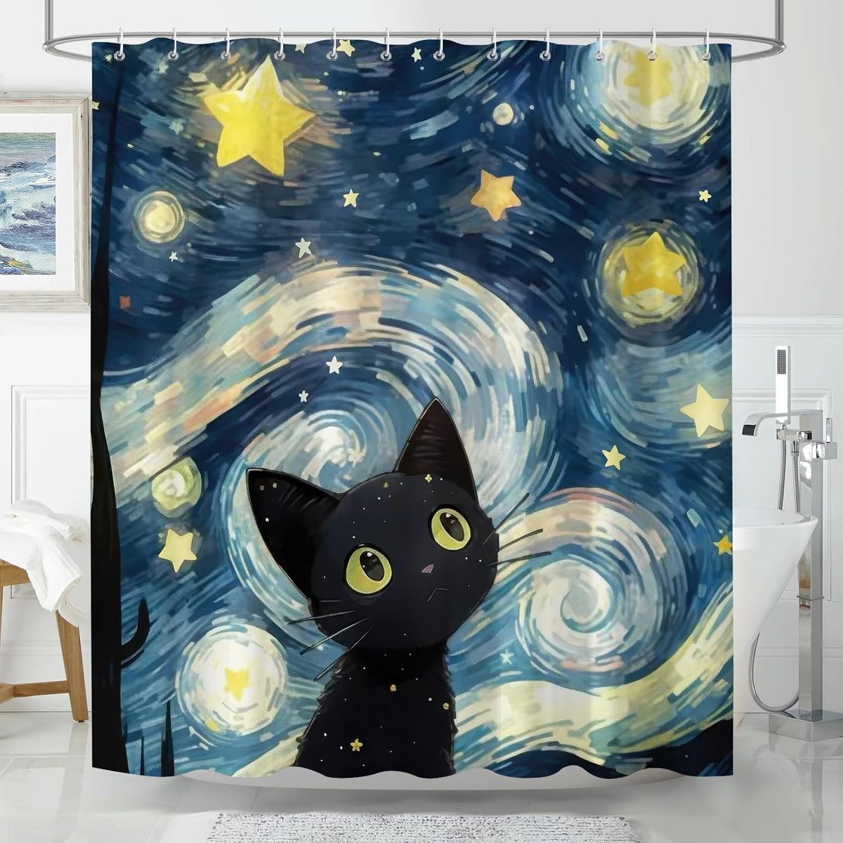 Night Zwarte Kat Douchegordijn, Waterdicht Polyester Badgordijn, Olieverfschilderij Geïnspireerde Kunstdruk Decoratief Douchegordijn met Haken, 200x180 cm