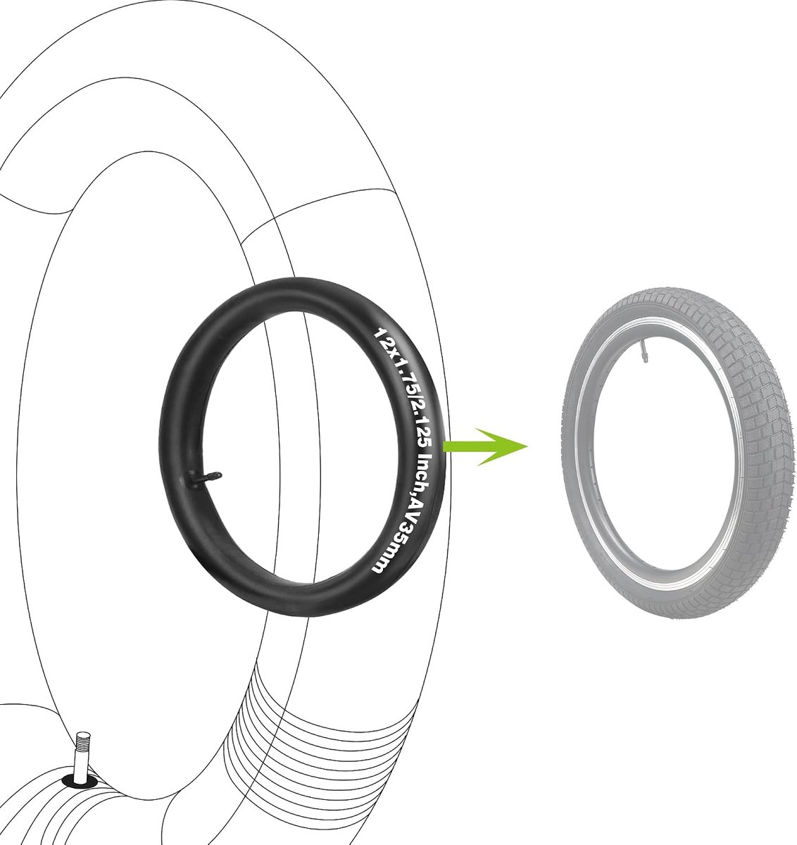 12 inch, 12 inch, 12 x 1,75/2,125 AV35 mm, ventiel compatibel met 12 inch fietsbinnenband, kinderfiets, elektrische fiets, e-scooter, slang, 12 x 1,75 cm, 12 x 1,95 cm, 12 x 2,0 cm, 12