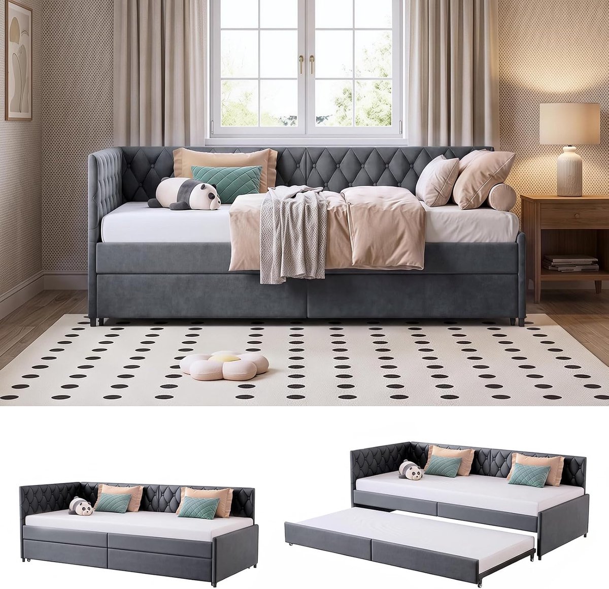 slaapbank, 90 x 200 cm, dagbed, uittrekbare bekleding, slaapbank, uittrekbed met lattenbodem, multifunctioneel bed, dagbed voor woonkamer, slaapkamer, zonder matras (grijs)