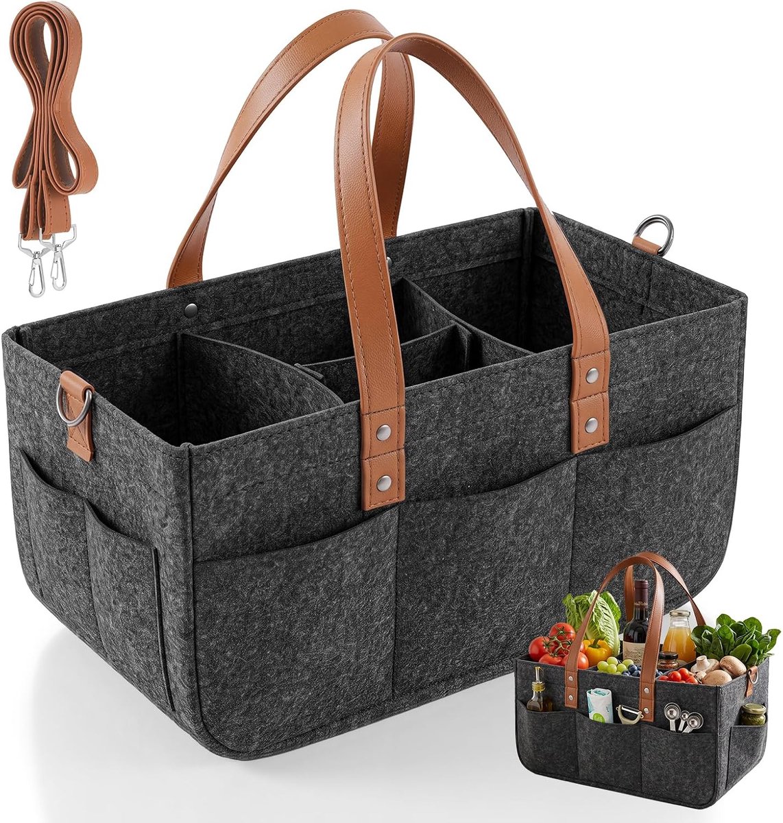 vilten tas van 16 liter, boodschappenmand met vakken, 38 x 23 x 18 cm