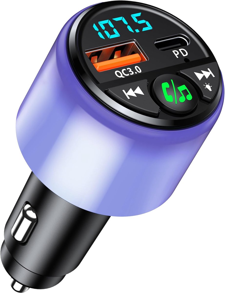 Bluetooth 5.3 FM-zender voor Auto, [PD 30W & QC3.0 18W] Snelle Autolader, [All-Over Glow] Bluetooth-Autoadapter Draadloze FM-Radiozender Autokit, Handsfree Bellen, HiFi-Muziek