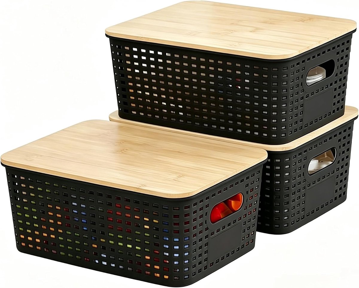 Opbergdoos met bamboedeksel, 3 stuks, 5 l, stapelbare plastic dozen met deksel, zwart, opbergdozen voor badkamer, keuken, 25 x 18 x 10 cm, badkamerorganizer, containermanden