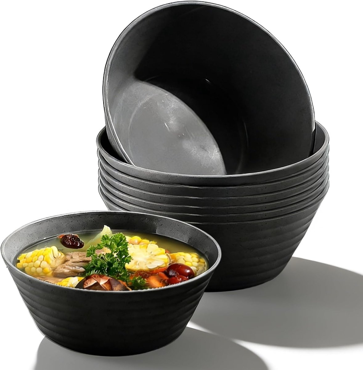 Set van 8 kommen, 17,5 cm, grote zwarte kom, onbreekbare mueslikommen, soepkommen van kunststof, kunststof, soepkommen voor snack, dessert, rijst, pasta