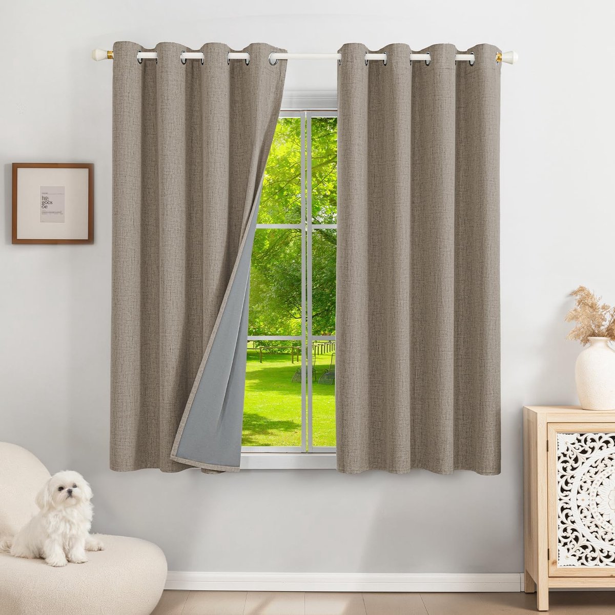 100% verduisteringsgordijnen linnen gordijnen met ringen, set van 2, thermogordijn hittebescherming H 145 x B 140, linnenlook gordijnen lichtdicht geluidsisolatie voor slaapkamer woonkamer