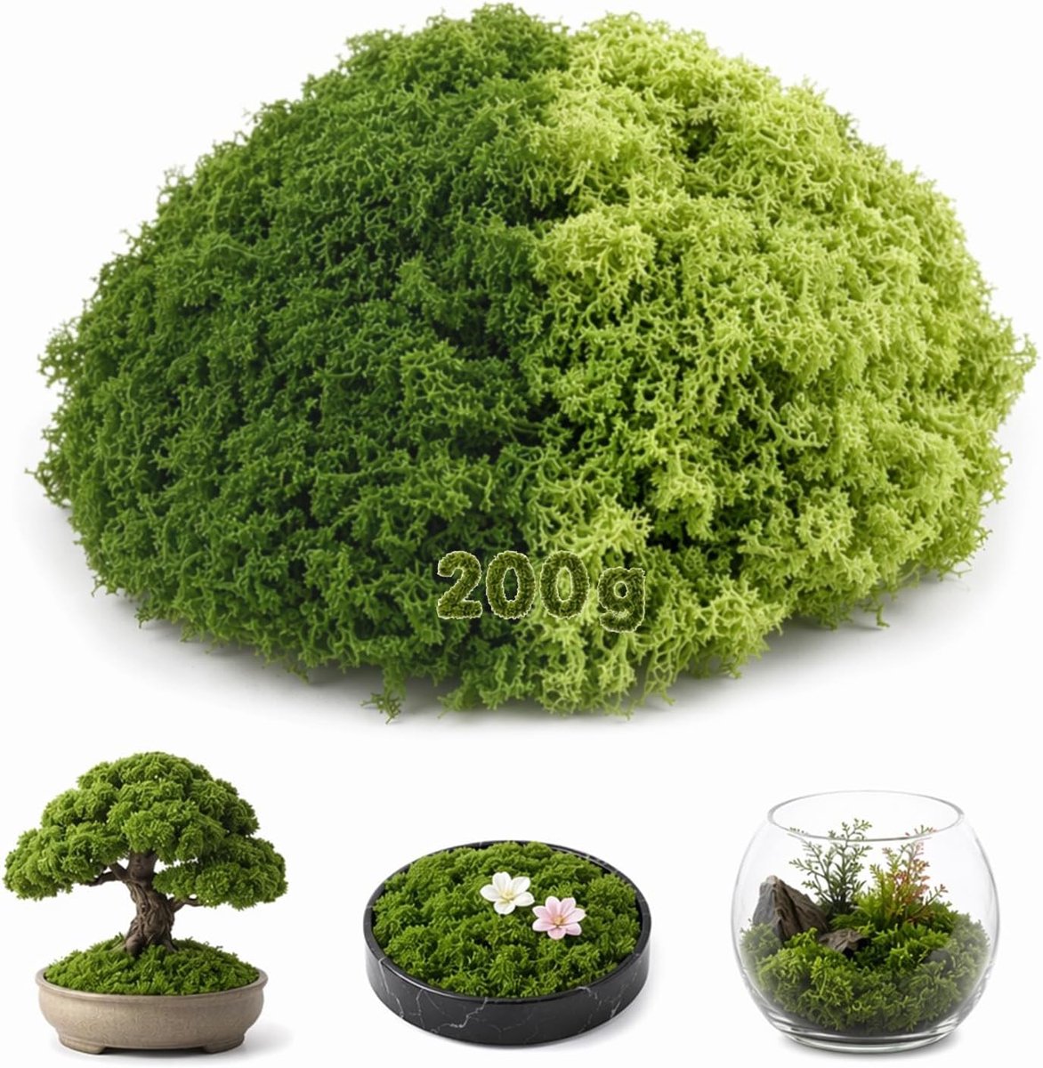 Kunstmos Deco Mos 200g (100g Donkergroen + 100g Lichtgroen) – voor Wandsieraden, Aquarium, Bloempot, Groenten, Kunstaccenten, Modelbouw