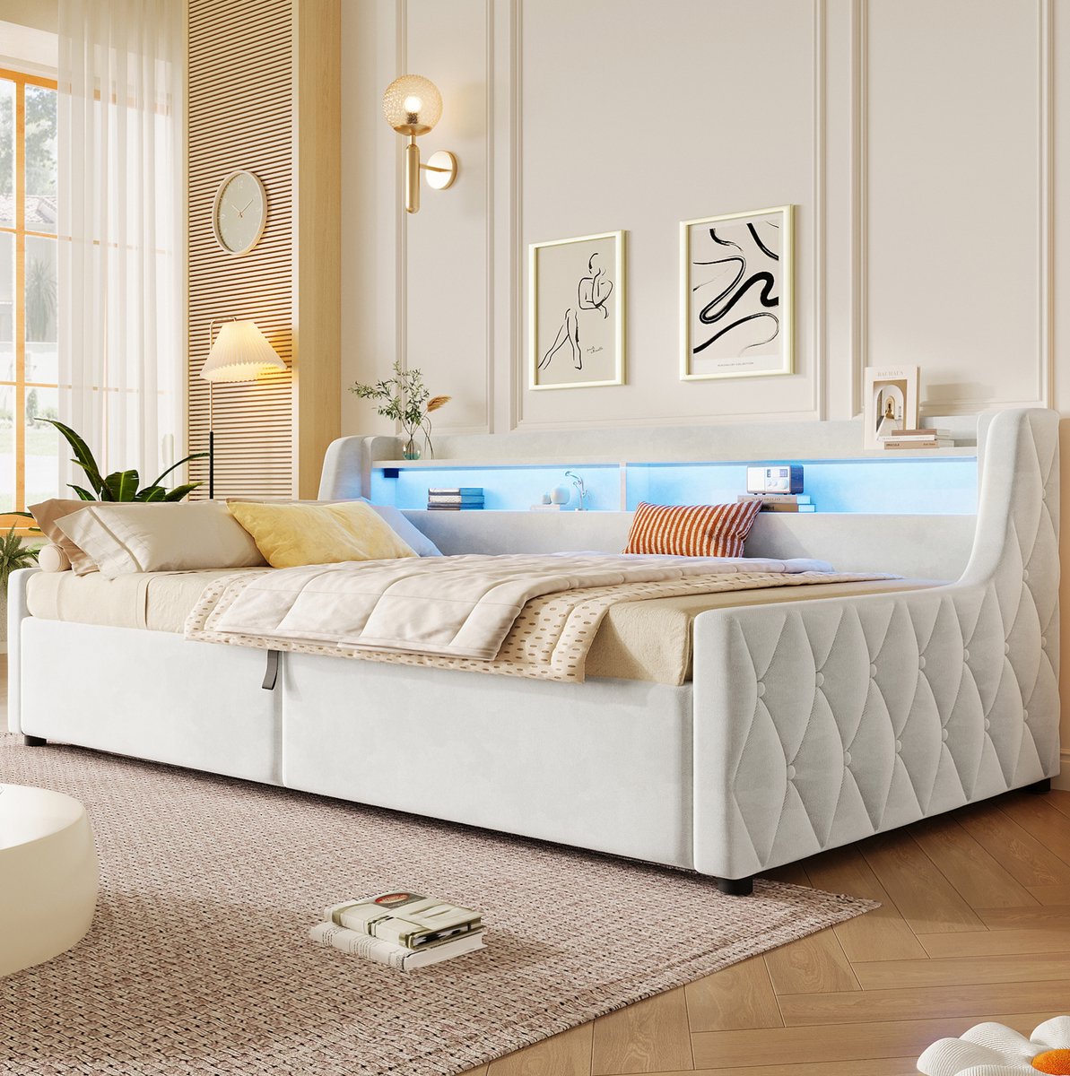 COVREO Bed met hydraulische opbergruimte – 90x200 cm – Bedframe met LED-hoofdbord – voor kinderkamer – Beige - zonder matras