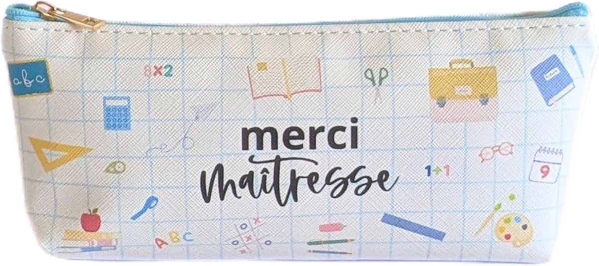 Pennenetui met opschrift "Merci Master", cadeau voor schooljaar, bedankje voor school - pennenetui voor school, Wit, Extra tas