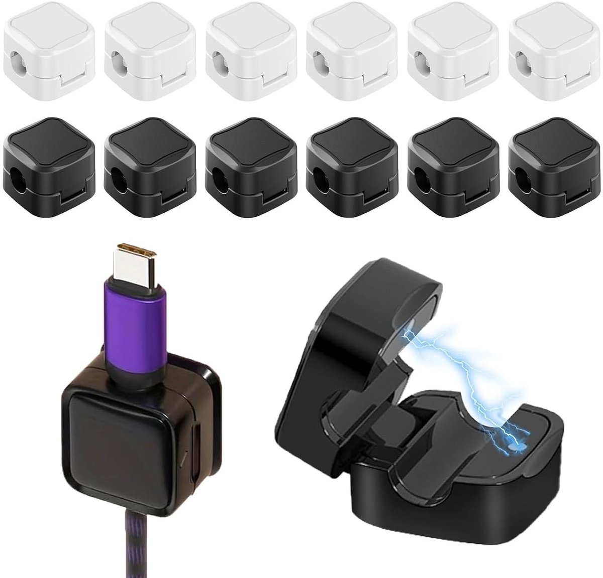 Oplaadkabels Organiser - 12 Stuks Magnetische Kabelhouders met Zelfklevende Bevestiging voor USB-kabels, Kabelbeheer en Ruimtebesparing (Zwart, Wit)
