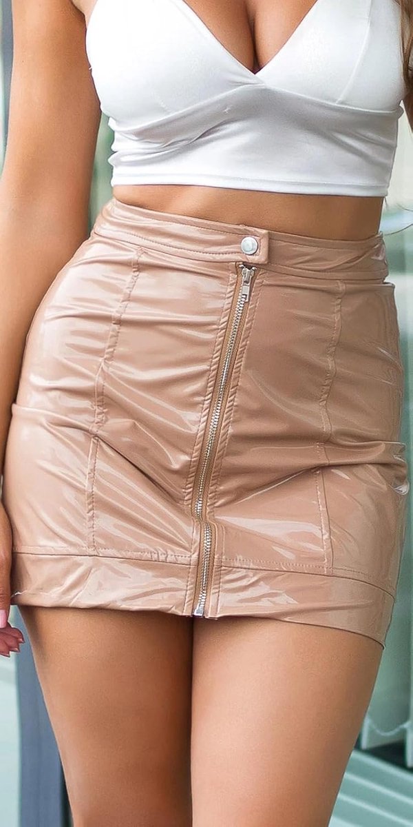 krautwear Minirok voor dames in lederlook met ritssluiting en drukknop aan de voorkant, hoge taille, wetlook, rok, laklook, clubwear in cappuccino, zwart, rood, maat 34-36