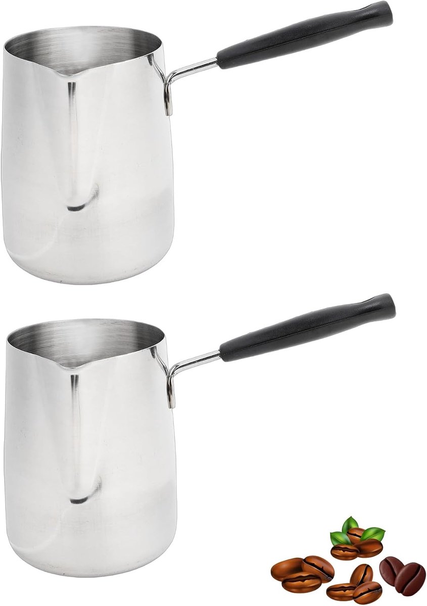 Turkse koffiepot, set van 2 Turkse koffiezetapparaten voor het fornuis, Turkse koffiepot van roestvrij staal voor het verwarmen van boter, melkchocolade, constructie van roestvrij staal (350