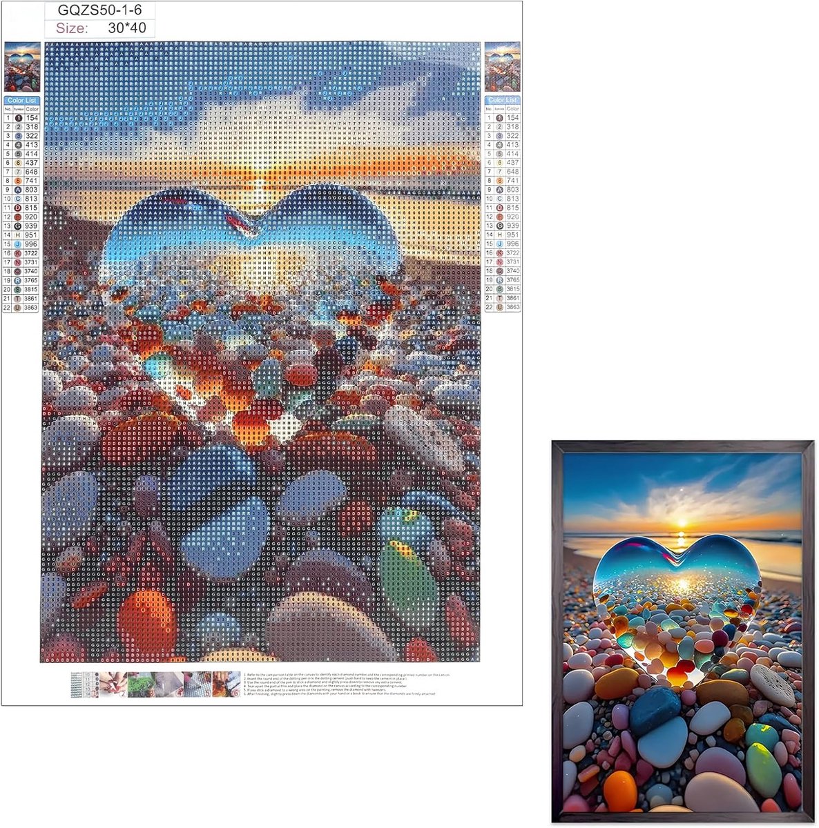 5D Diamond Painting set, kristal hart en strand zonsondergang motief, volledige DIY diamant kunst schilderij kit voor volwassenen, inclusief gereedschap en accessoires, wanddecoratie 30 x 40 cm