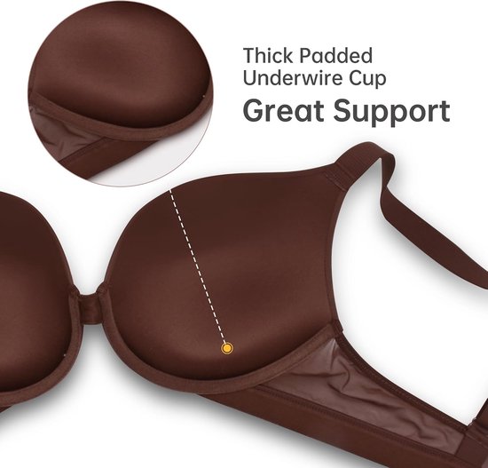 Push-up beha voor dames, met draad en plunge-hals, ademende katoenen inzetstukken, chocoladebruin, comfortabele beha met middensteun en push-up-effect — afbeelding 3