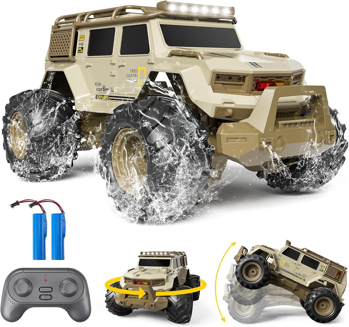 Toy Car 2,4 GHz haai vrachtwagen 15 km/u hobby offroad RC Zie waterdicht voertuig met 2 batterijen, speelgoed voor kinderen van 6 tot 12 jaar (amfibische voertuig kaki)