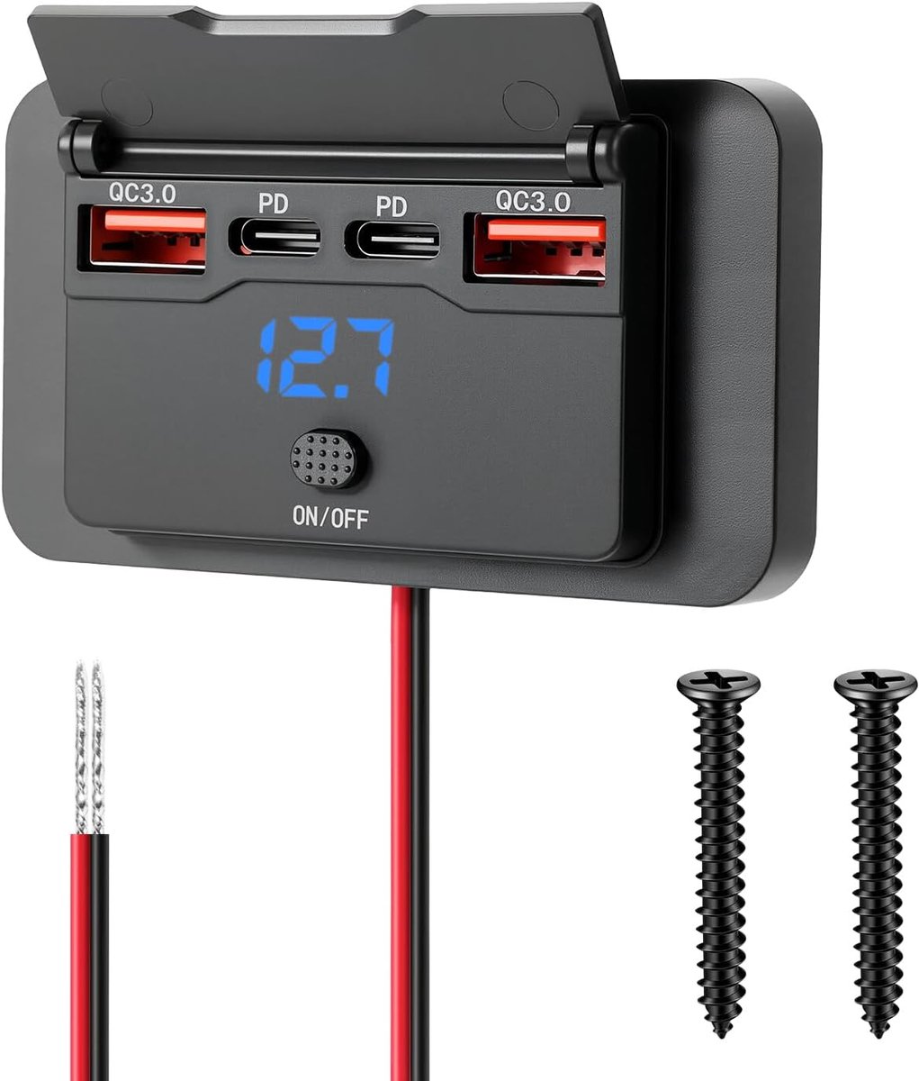 76W 4-Poorts 12V USB-stopcontact voor Wandmontage, 2x PD 36W + 2x 18W QC3.0 Lichtgewicht Paneel voor Oppervlakte-montage met Knopschakelaar voor Bus, Camper, Vrachtwagen
