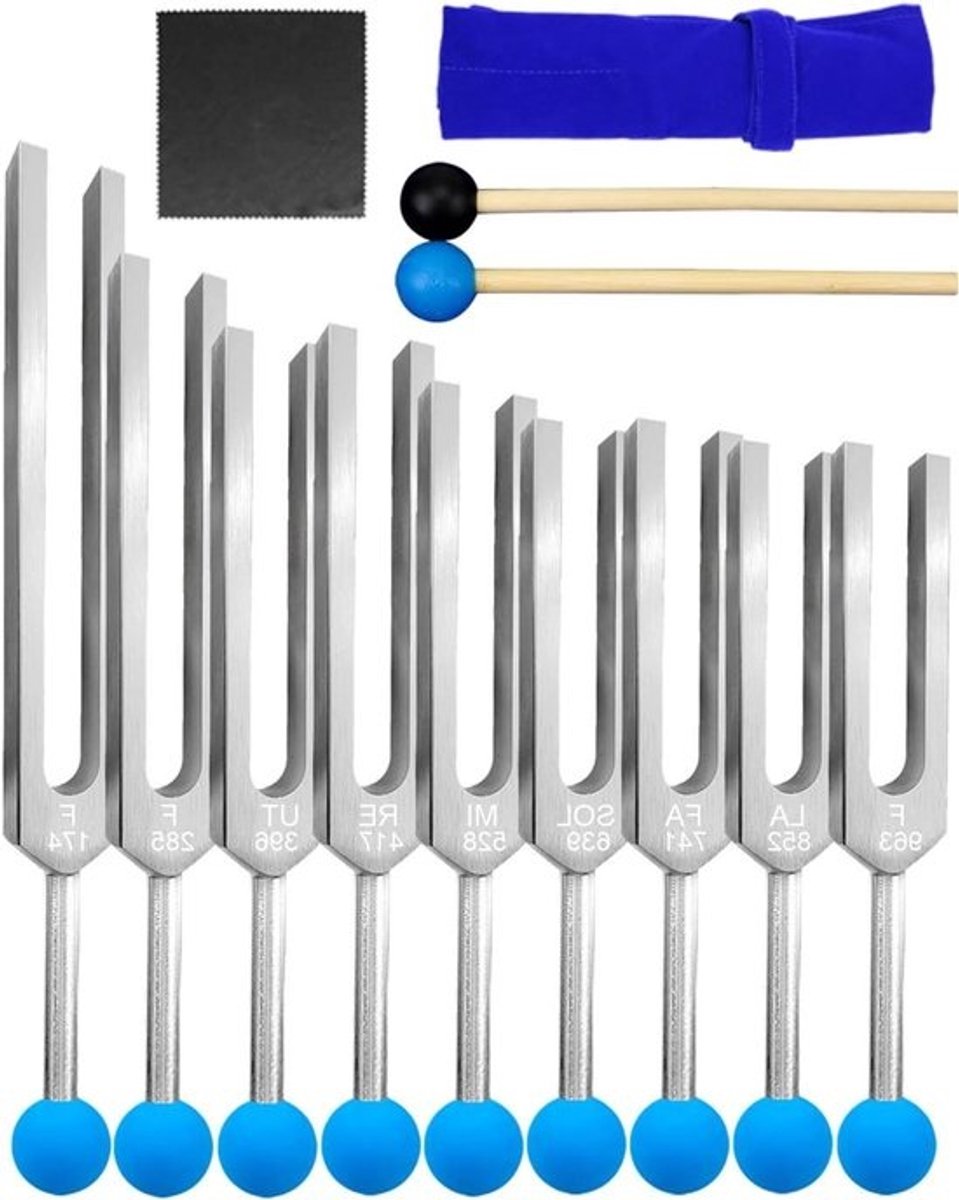 Stemvork Set - Chakra Stemvorken - Meditatie en Ontspanning - 9 Verschillende Frequenties - 9 Stuks - Zilver