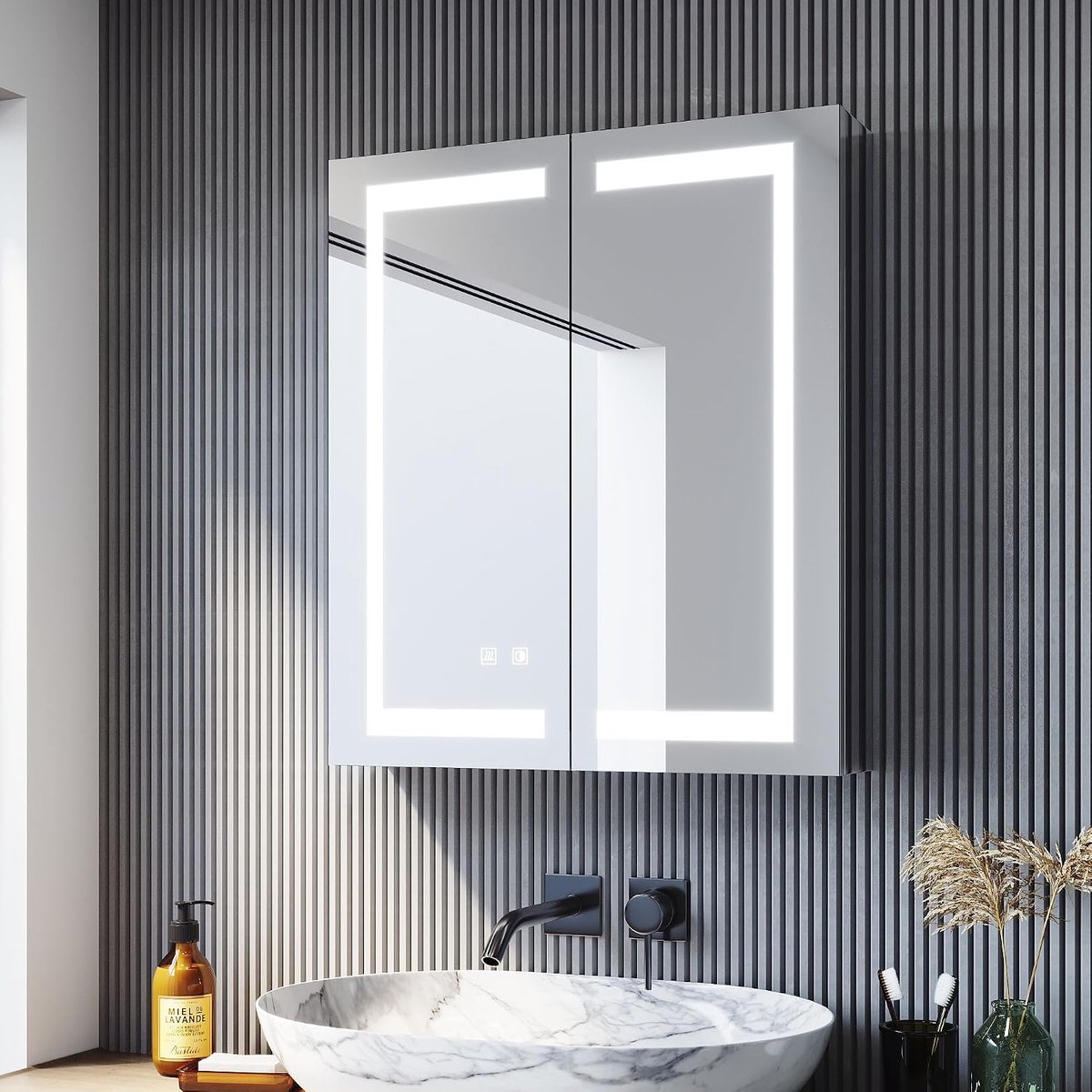 Spiegelkast badkamer met verlichting, 60 cm breed, condensvrij, led-spiegelkast en stopcontact, 2-deurs, badkamerspiegelkast met aanraakschakelaar, koudwit/neutraal wit/warmwit