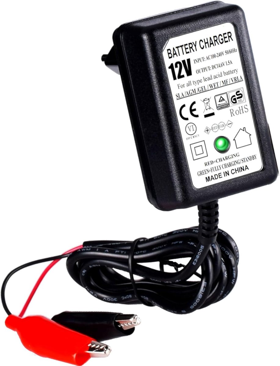 Intelligente intelligente oplader, 12 V, 1,5 A, hoge conversie, meerdere beschermhoezen, vuurvast/antislip, geschikt voor kindervoertuigen, speelgoed, motorfietsen, scooters enz