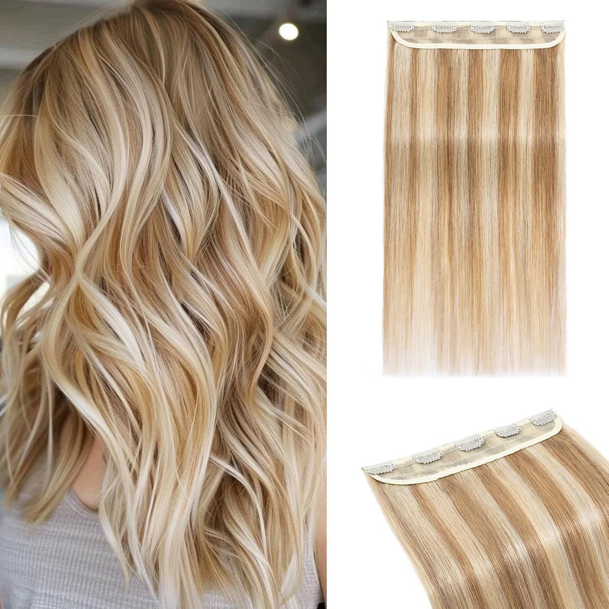 Clip-in Haarextensie 1 Stuk voor Volume 3/4 Hoofd, 25cm Clip-in Extensies Eigen Haar Mensenhaar met 5 Clips, #12P613 Goudbruin & Blond 40g