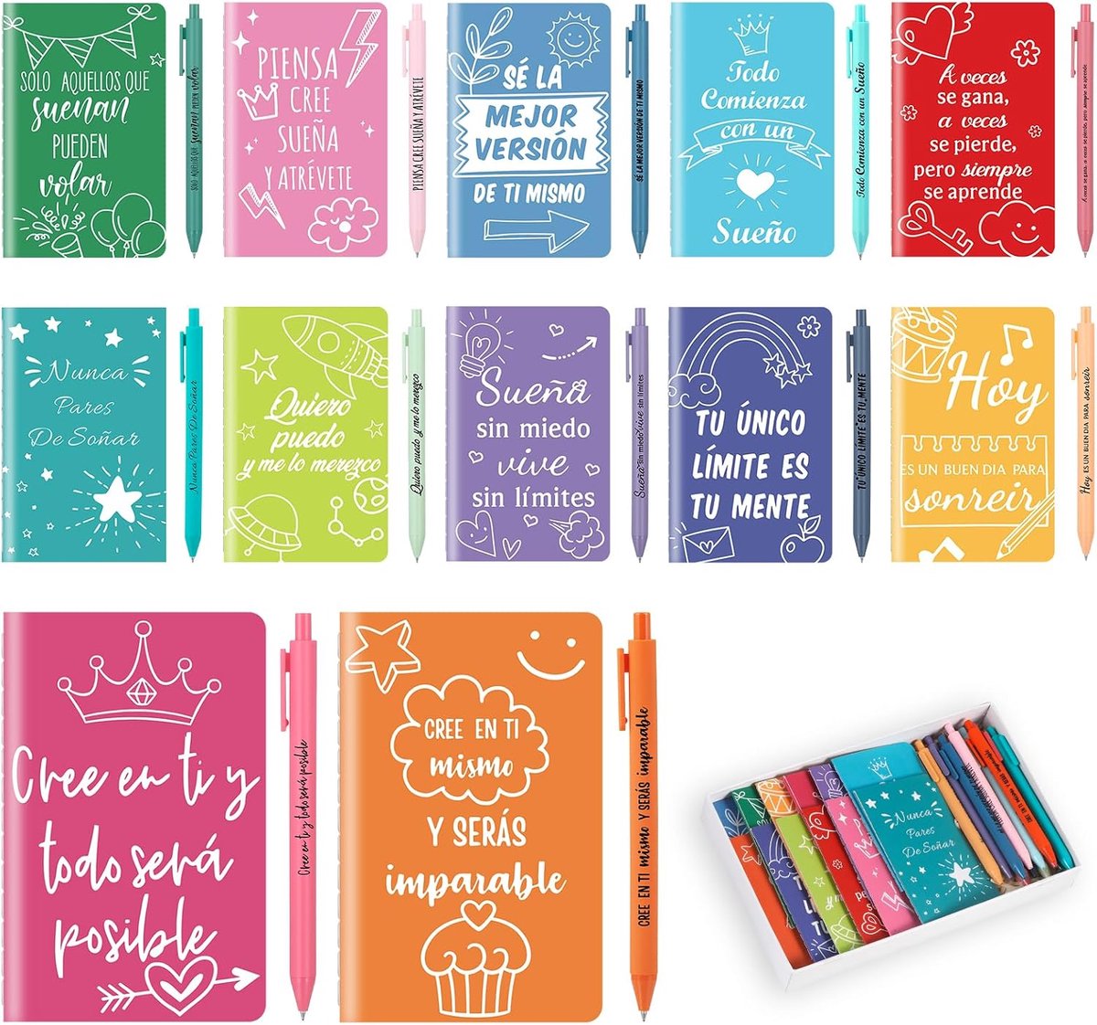 Set van 24 bedankcadeautjes voor collega’s: 24 kleine notitieboekjes met motiverende spreuken, mininotitieboekjes voor in je zak, 24 inspirerende balpennen om aantekeningen mee te maken