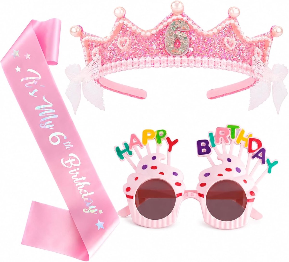 Luxe Verjaardagskroon Meisjes Set, 6e Verjaardag Meisje, 3-delige Verjaardagsaccessoires met Kroon, Sjerp en Bril, Cadeau voor 6e Verjaardag Meisje
