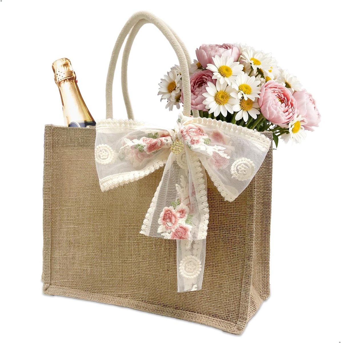 Herbruikbare tassen, jute geschenkzakjes met tote bag met strik, cadeaus voor collega's, leraren, goede vrienden, moeders en grootmoeders