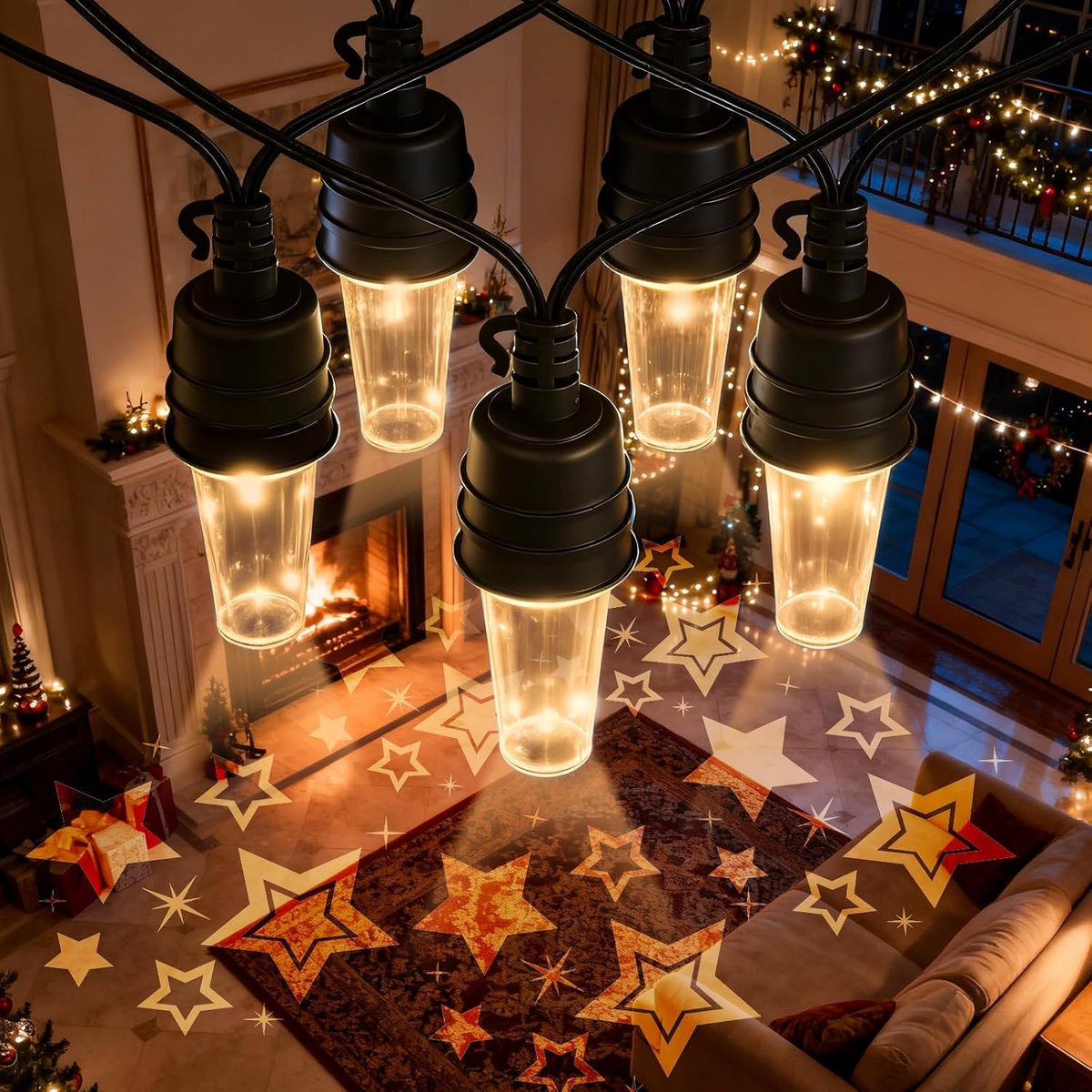 Led-projectielicht, 10 m, waterdicht, IP65, met 10 onbreekbare gloeilampen, 2500 K, warmwit, voor tuin, binnenplaats, Kerstmis, bruiloft (ster