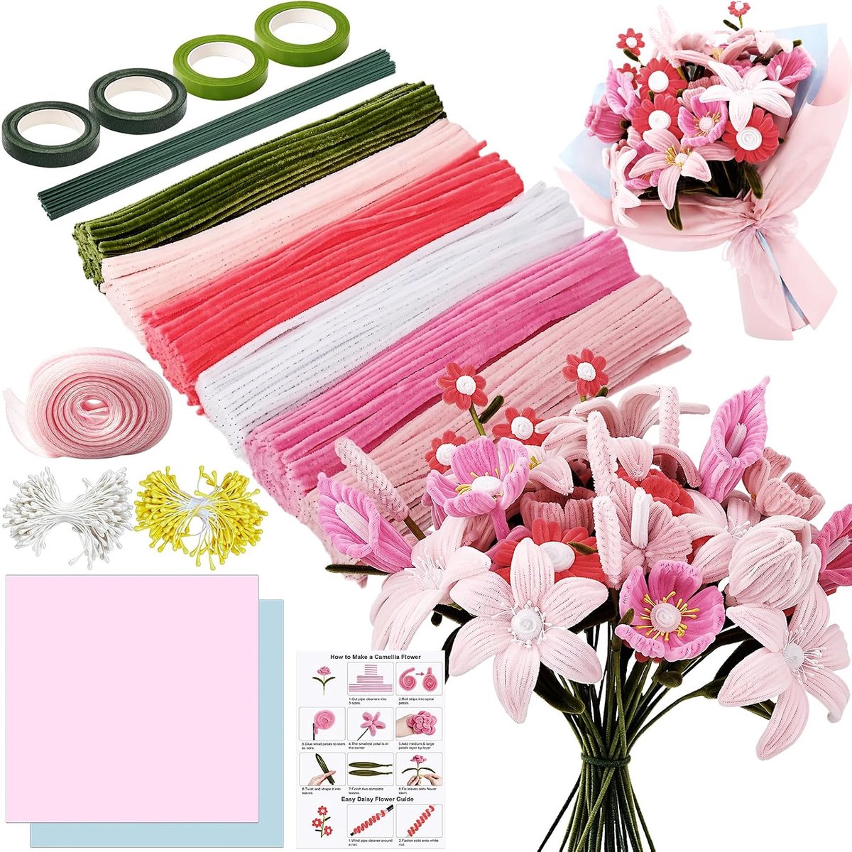 600pcs Buizenreinigers voor Ambachtelijke Bloemen Roze voor Tulpen Boeket