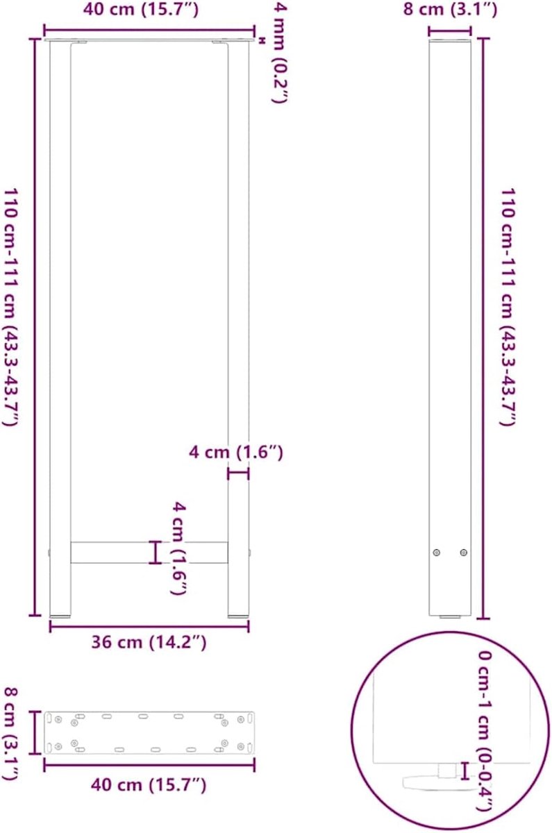 Poten, 2 stuks, vierkant, gepoedercoat staal, wit, 40 cm breedte x 110-111 cm hoogte, voor individuele tafelvormgeving